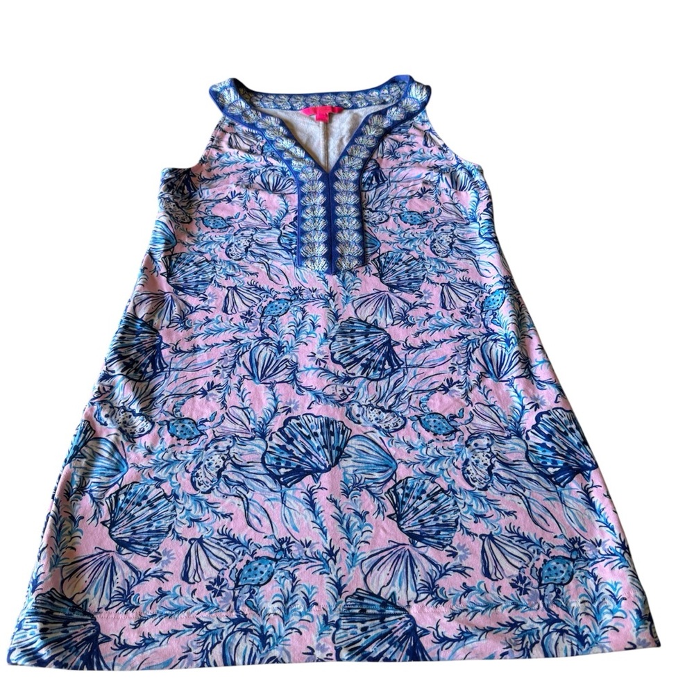 Lilly Pulitzer Sleeveless Pink & Blue Printed V-Neck Dress - Picture 4 of 12